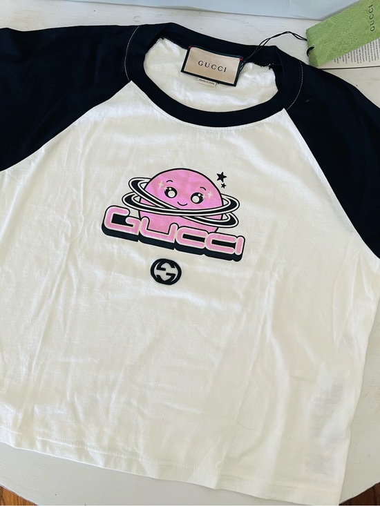 Gucci Tops - AUTH+BNWT GUCCI Ladies White Tee with Black Raglan Sleeves & Pink Planet Graphic